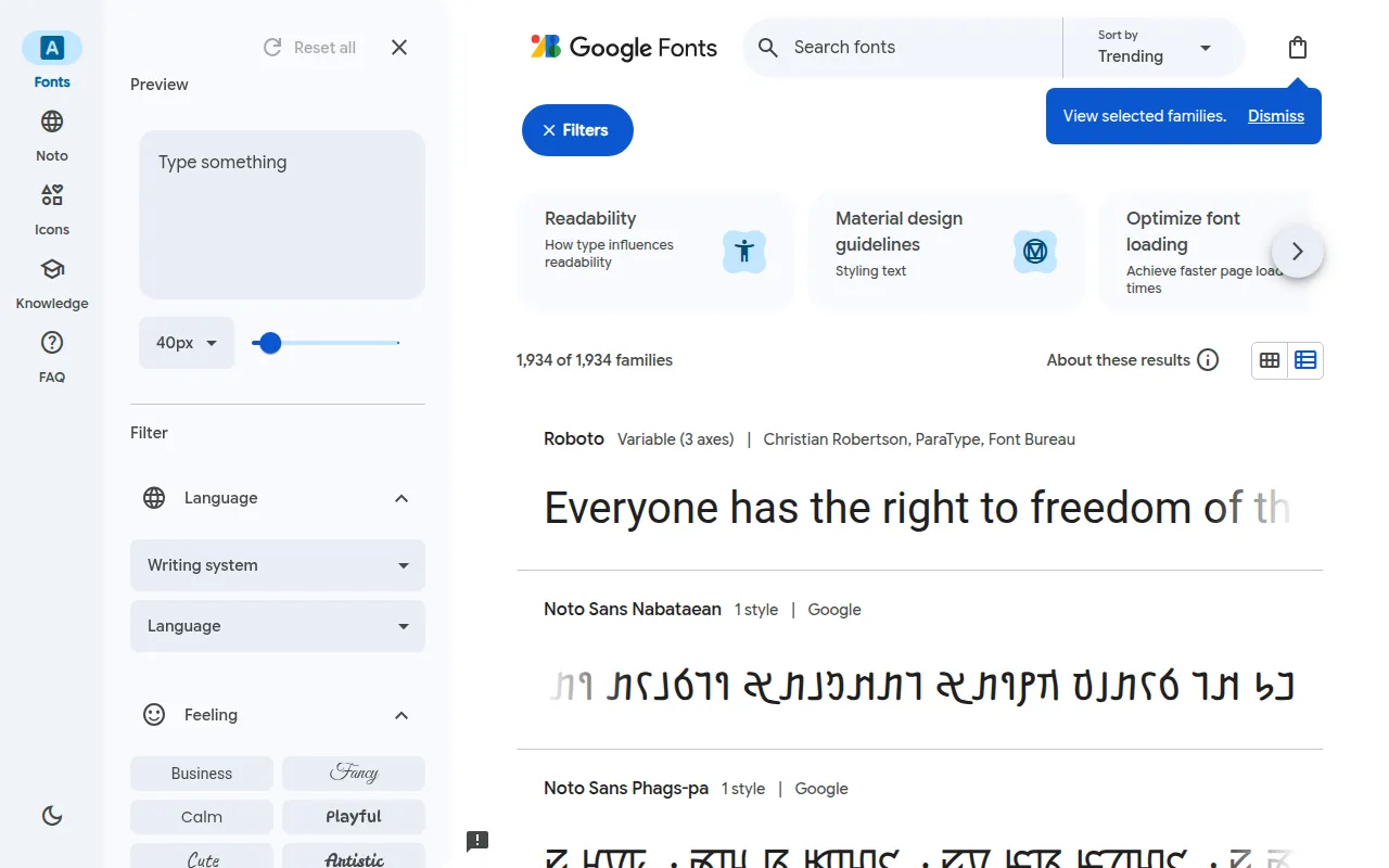 Screenshot of Google Fonts