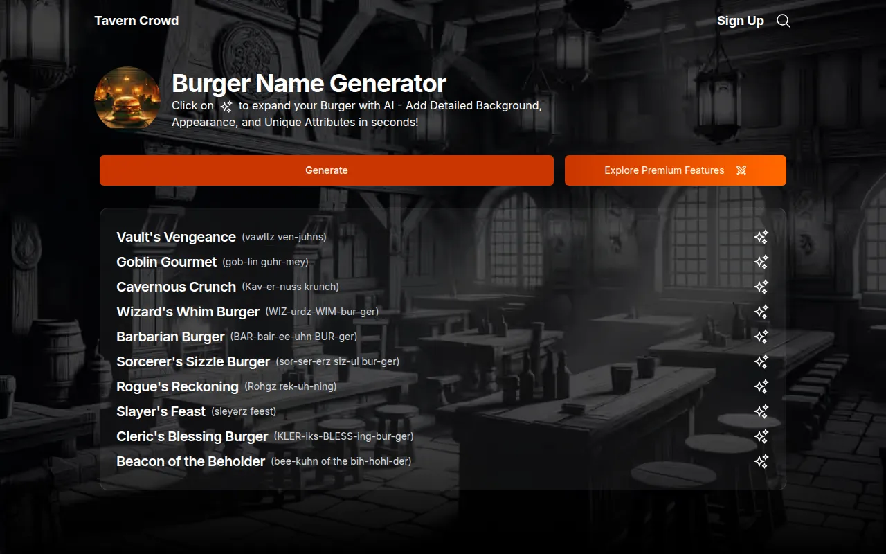 Screenshot of The Ultimate Burger Name Generator