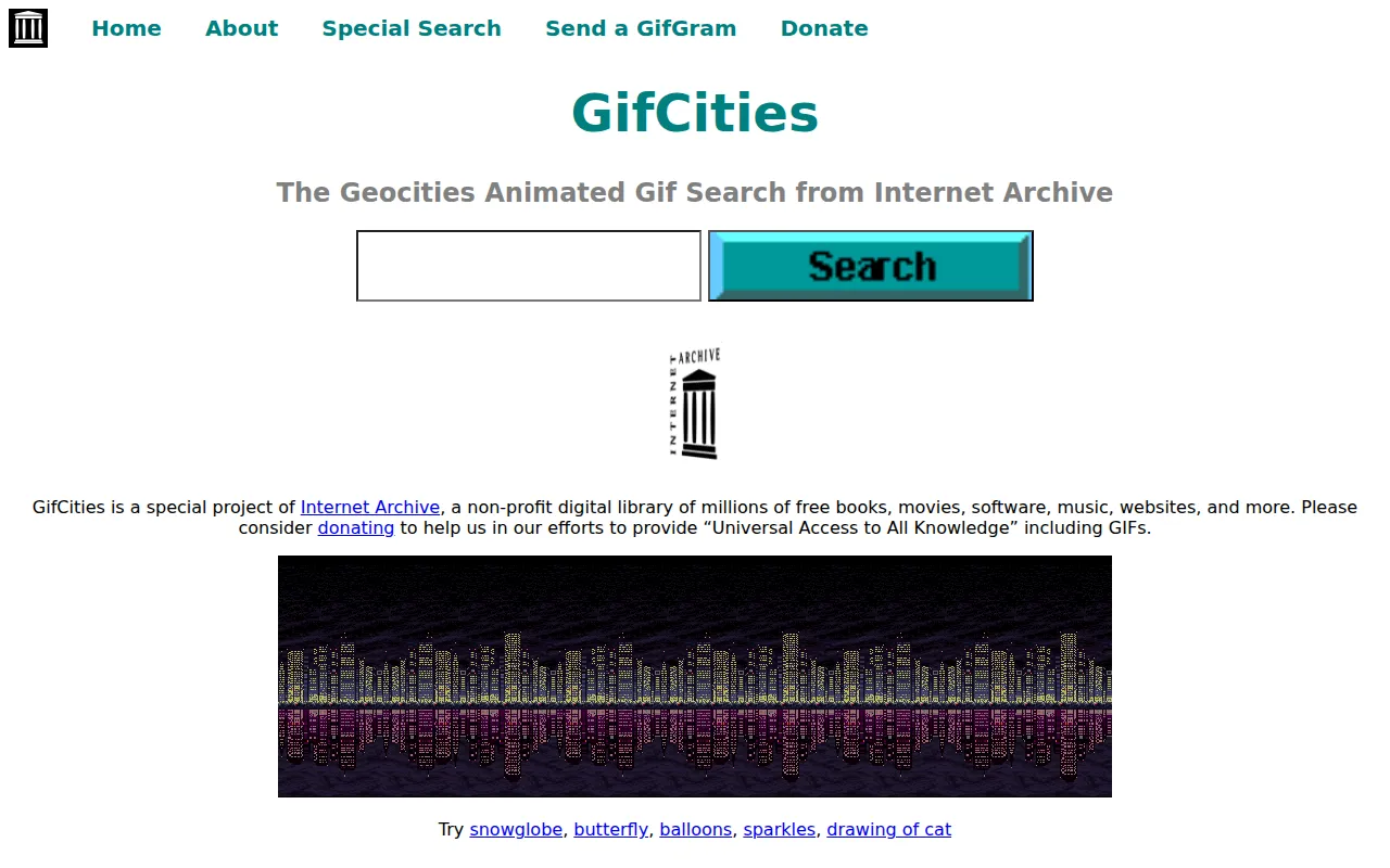 Screenshot of GifCities: The Geocities GIF Archive