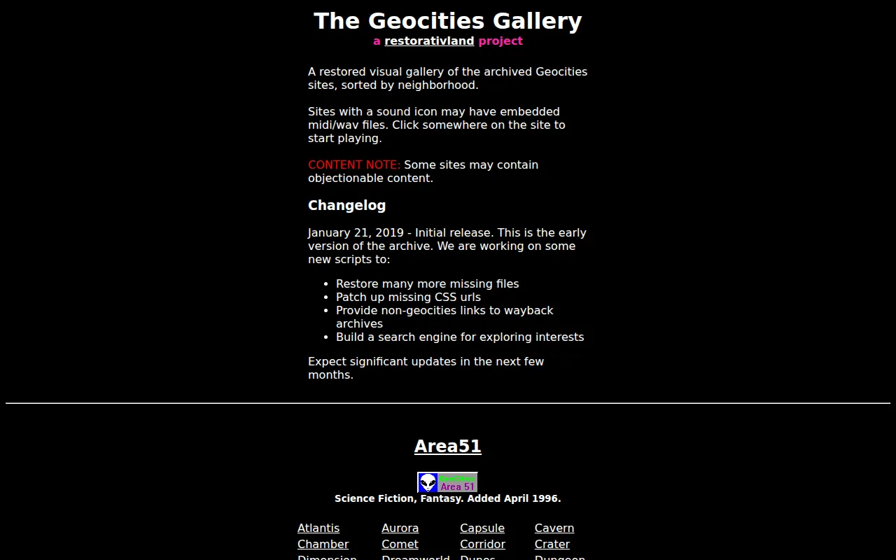 Screenshot of The Geocities Gallery: Time Travel
