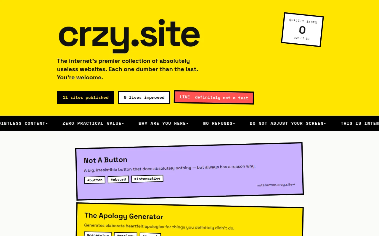 Screenshot of crzy.site — useless websites, curated