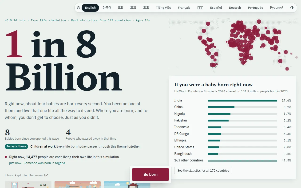 Screenshot of 1 in 8 Billion (1in8b, Official) · Life Simulation Game · Who will you be born as?